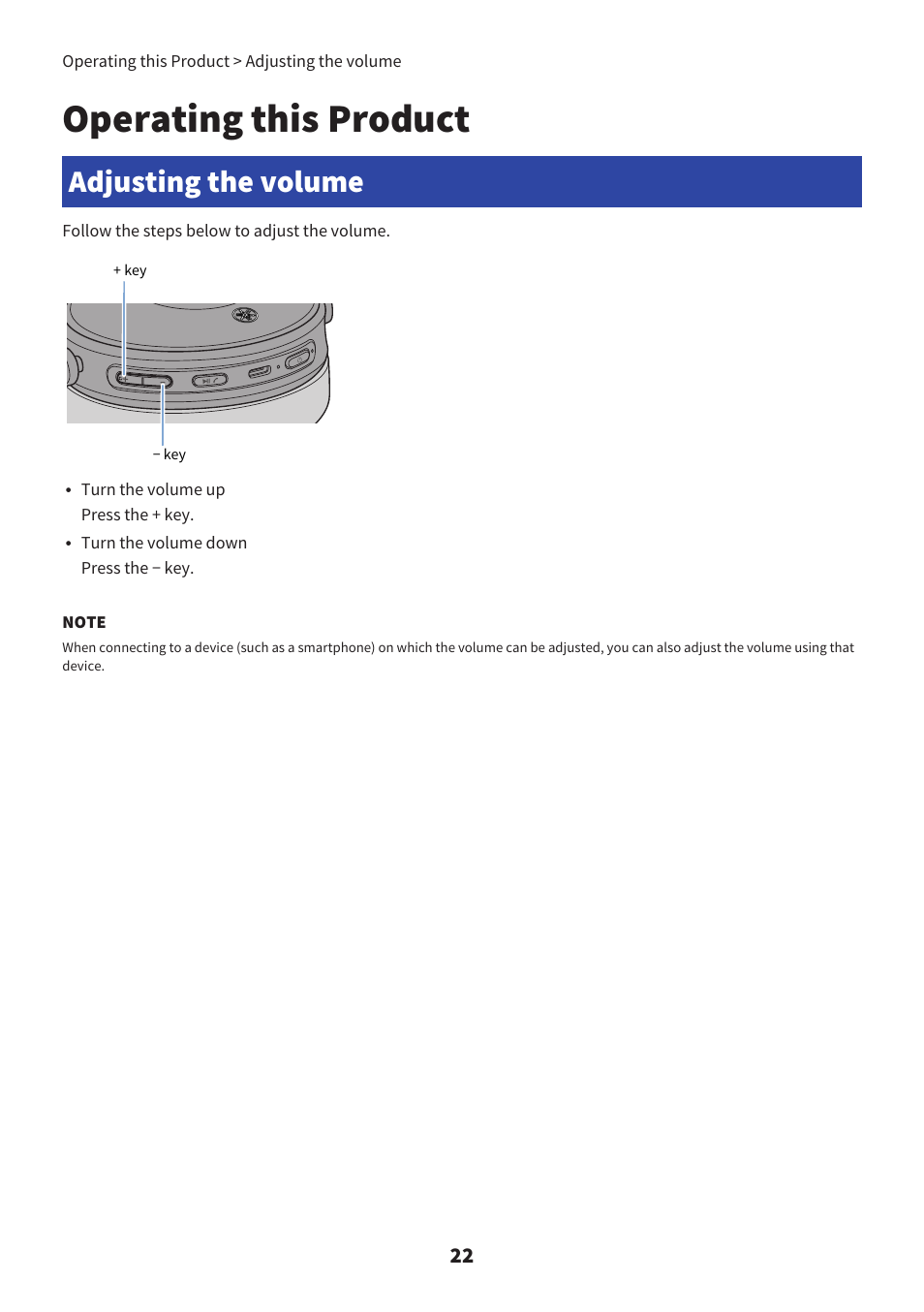 Operating this product, Adjusting the volume | Yamaha YH-L700A Noise-Canceling Wireless Over-Ear Headphones User Manual | Page 22 / 47