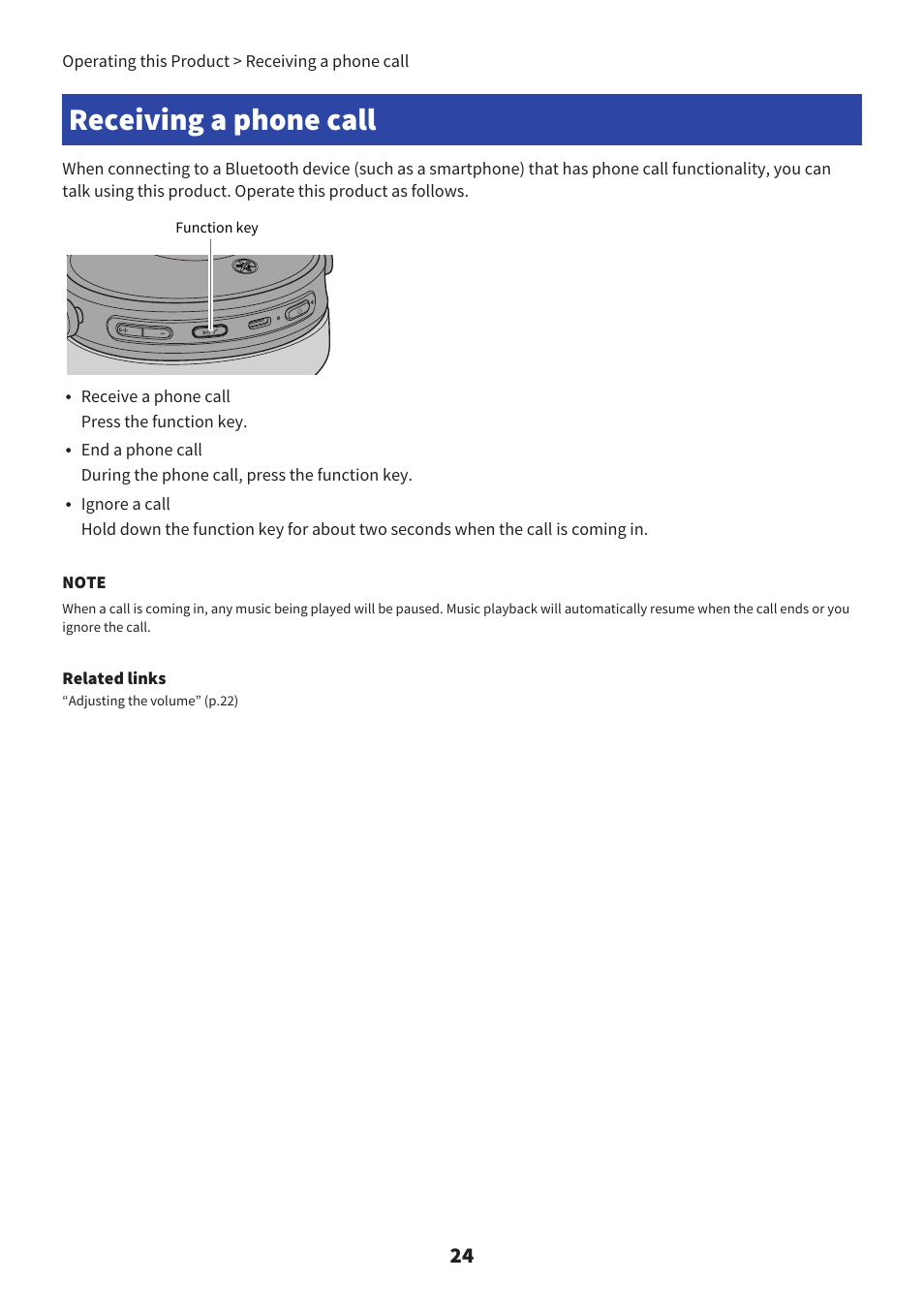 Receiving a phone call | Yamaha YH-L700A Noise-Canceling Wireless Over-Ear Headphones User Manual | Page 24 / 47