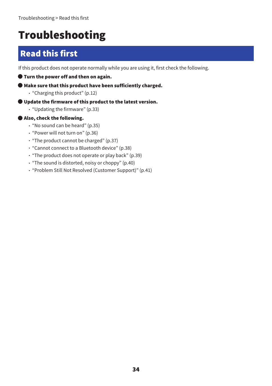 Troubleshooting, Read this first | Yamaha YH-L700A Noise-Canceling Wireless Over-Ear Headphones User Manual | Page 34 / 47