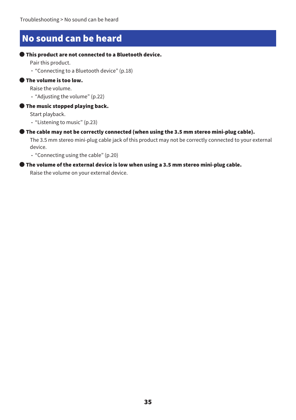 No sound can be heard, No sound can be heard” (p.35) | Yamaha YH-L700A Noise-Canceling Wireless Over-Ear Headphones User Manual | Page 35 / 47