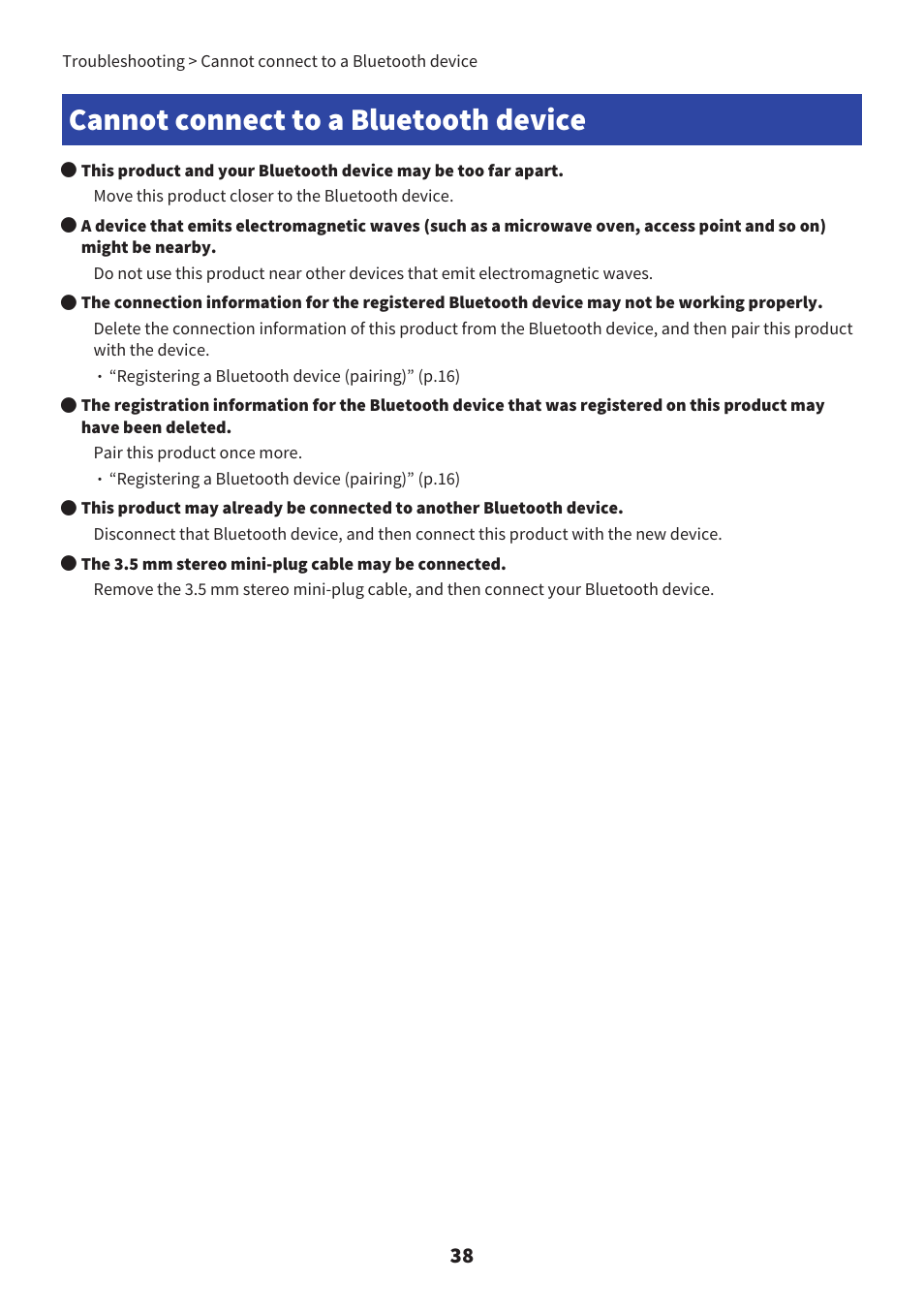 Cannot connect to a bluetooth device, Cannot connect to a bluetooth device” (p.38) | Yamaha YH-L700A Noise-Canceling Wireless Over-Ear Headphones User Manual | Page 38 / 47