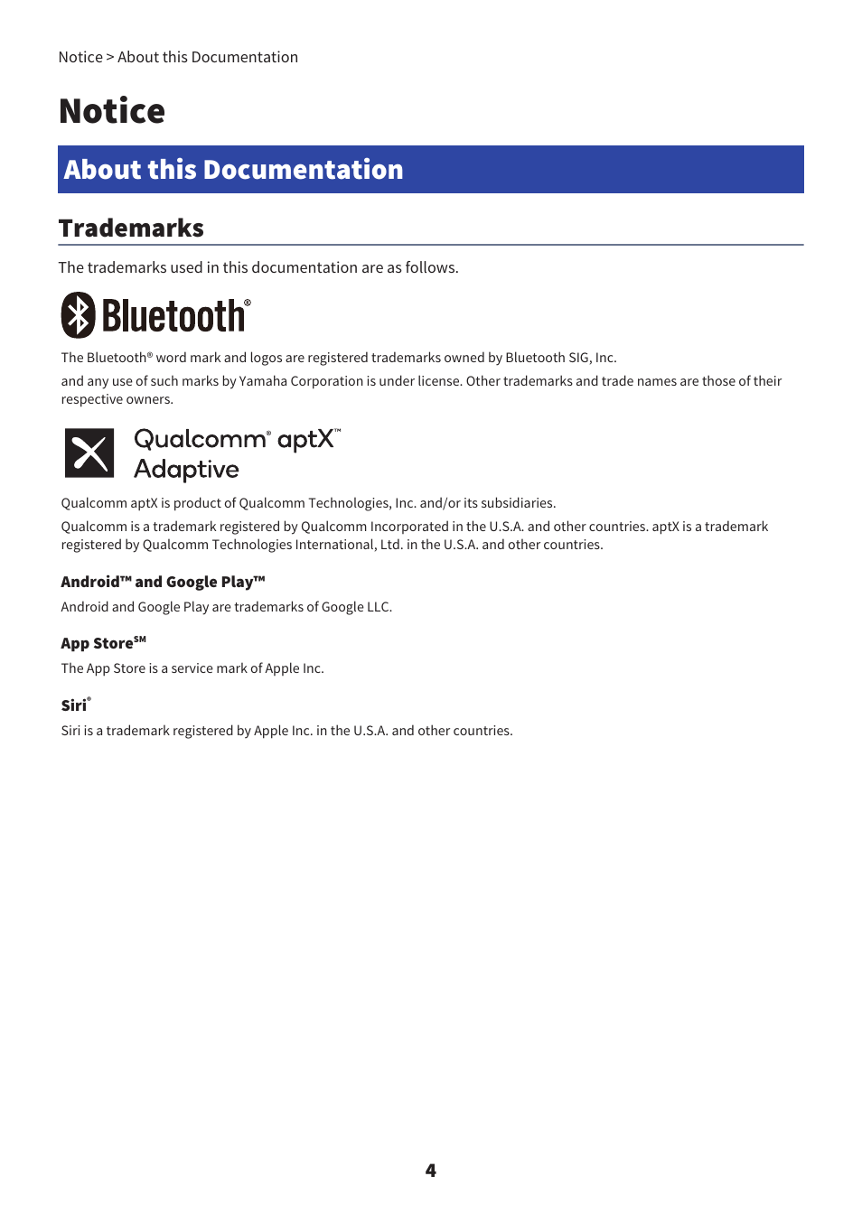 Notice, About this documentation, Trademarks | Yamaha YH-L700A Noise-Canceling Wireless Over-Ear Headphones User Manual | Page 4 / 47