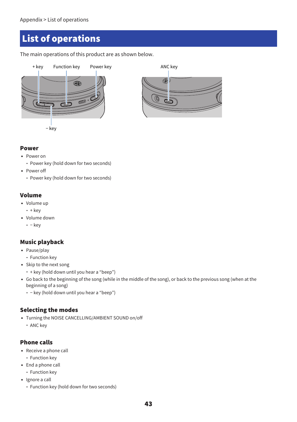 List of operations, Power, Volume | Music playback, Selecting the modes, Phone calls, Appendix > list of operations | Yamaha YH-L700A Noise-Canceling Wireless Over-Ear Headphones User Manual | Page 43 / 47