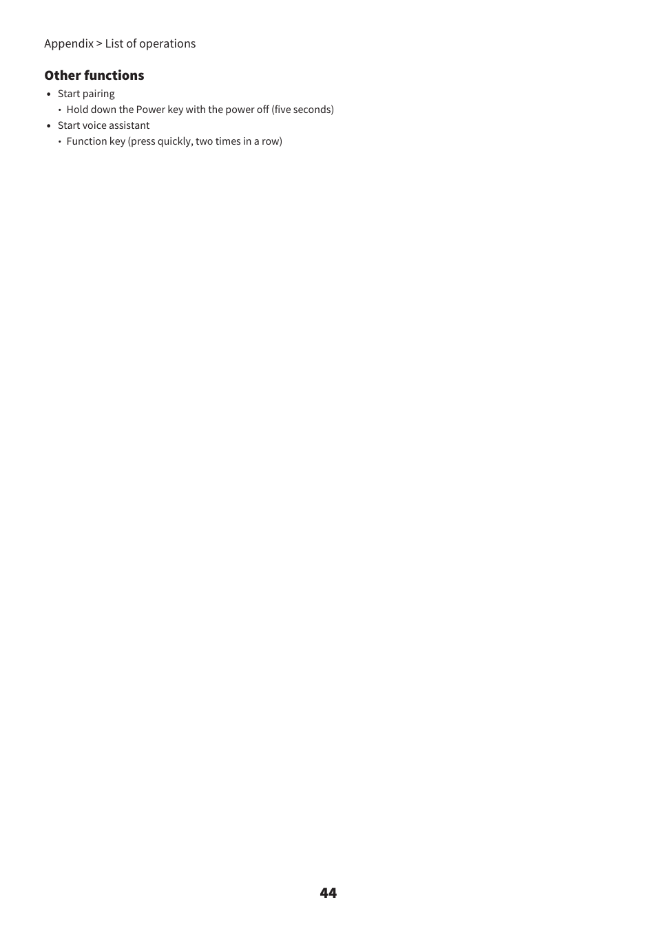 Other functions, Appendix > list of operations | Yamaha YH-L700A Noise-Canceling Wireless Over-Ear Headphones User Manual | Page 44 / 47