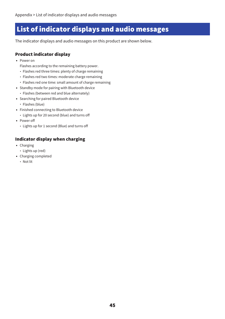 List of indicator displays and audio messages, Product indicator display, Indicator display when charging | Yamaha YH-L700A Noise-Canceling Wireless Over-Ear Headphones User Manual | Page 45 / 47