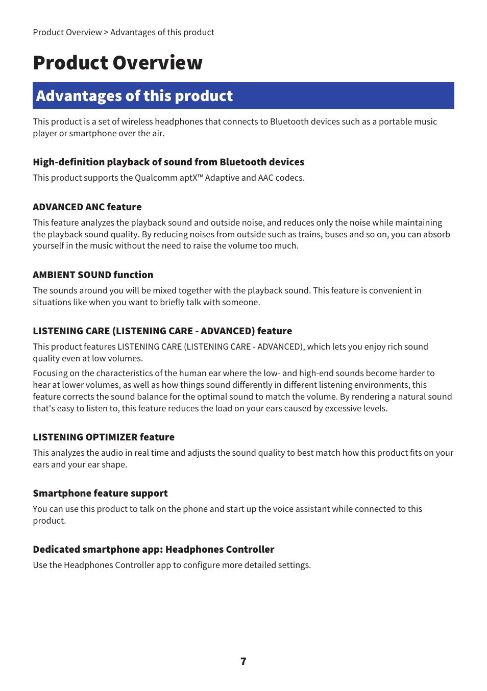 Product overview, Advantages of this product | Yamaha YH-L700A Noise-Canceling Wireless Over-Ear Headphones User Manual | Page 7 / 47