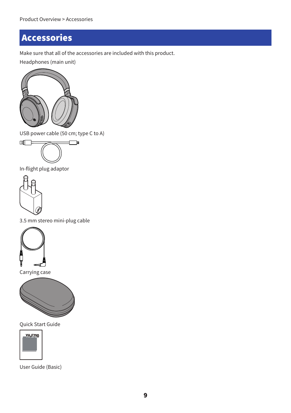 Accessories | Yamaha YH-L700A Noise-Canceling Wireless Over-Ear Headphones User Manual | Page 9 / 47