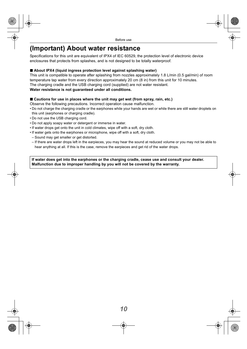 Important) about water resistance, 10 (important) about water resistance | Technics EAH-AZ40 True Wireless In-Ear Headphones (Rose Gold) User Manual | Page 10 / 42