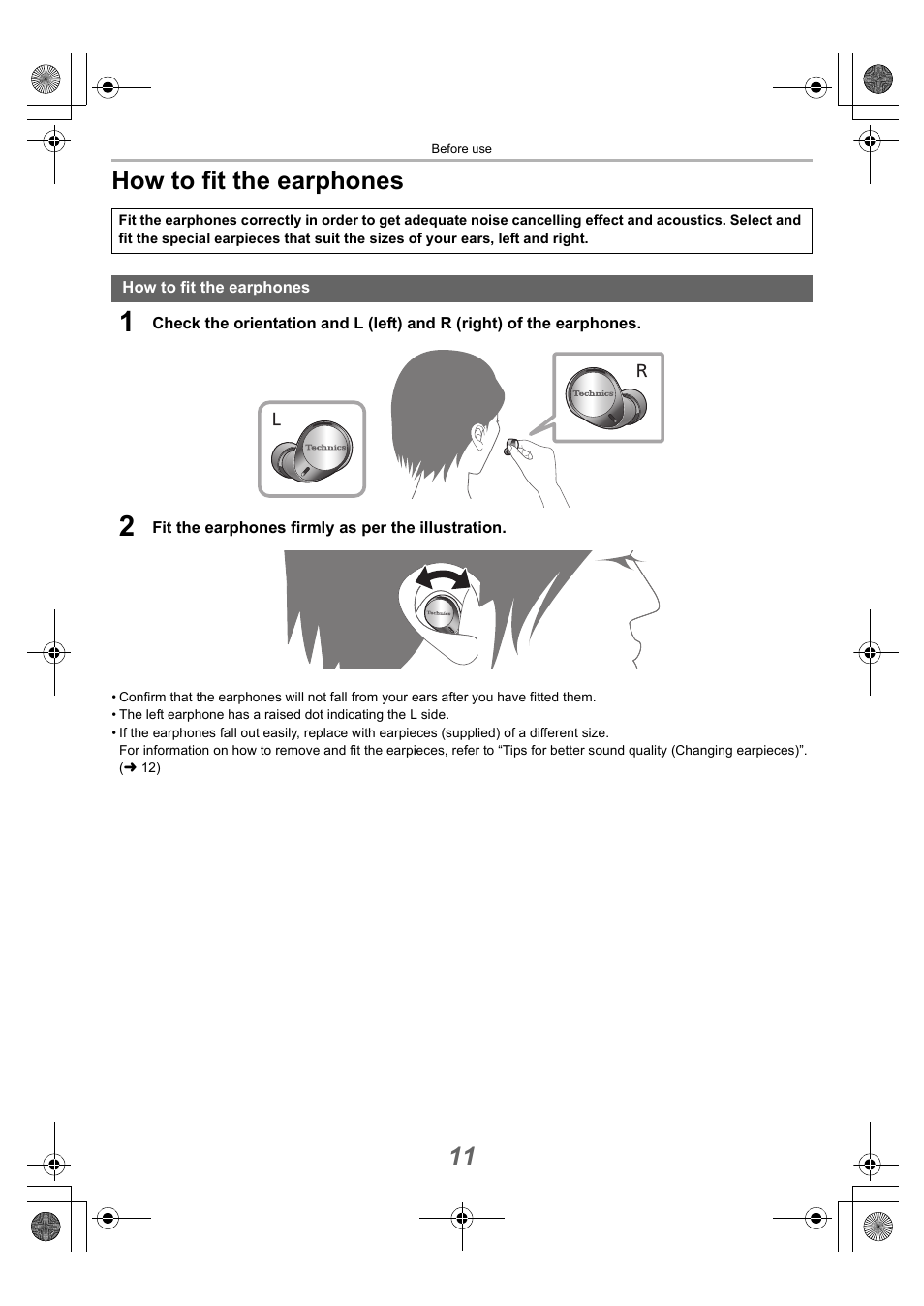 How to fit the earphones, 11 how to fit the earphones | Technics EAH-AZ40 True Wireless In-Ear Headphones (Rose Gold) User Manual | Page 11 / 42
