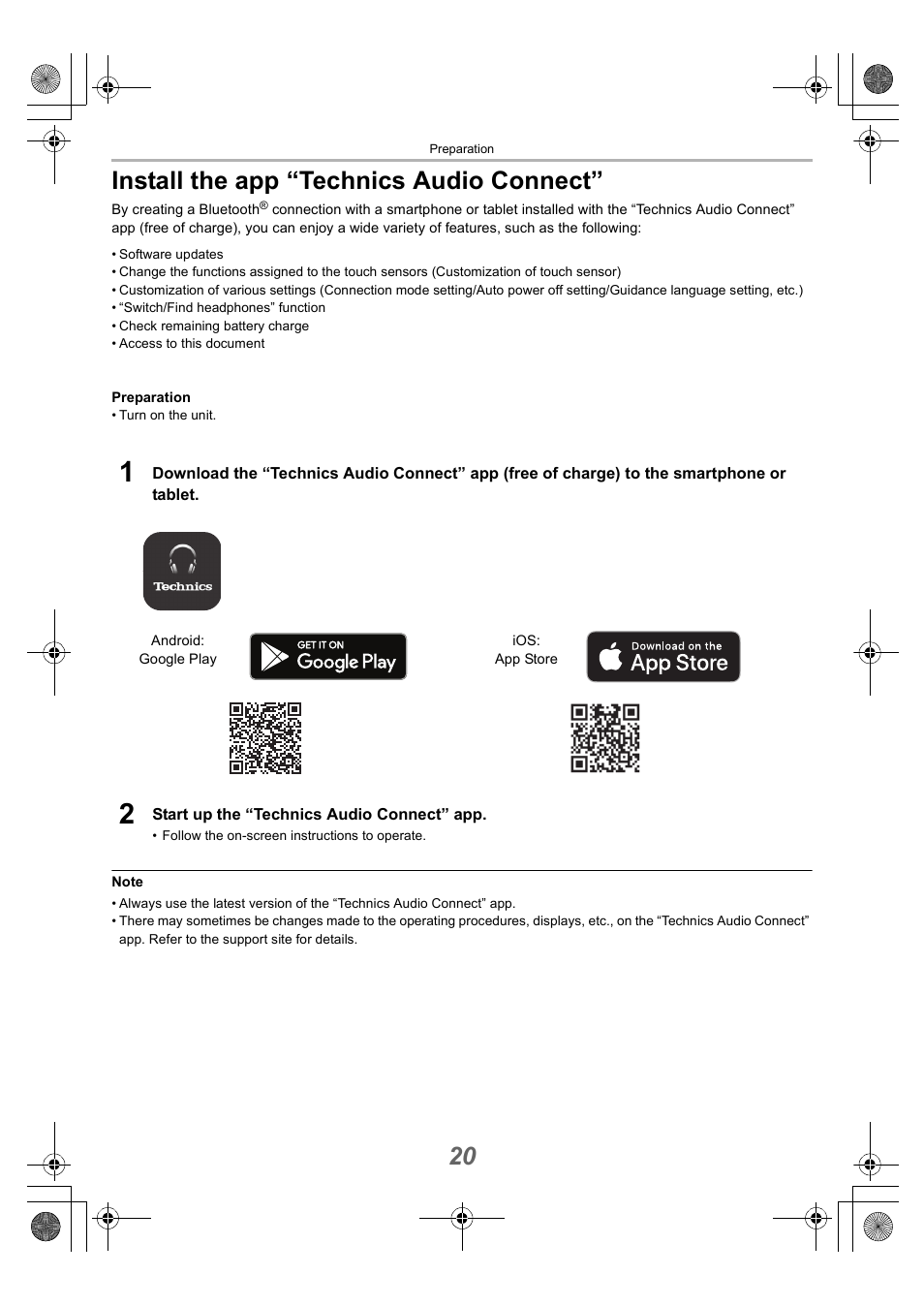 Install the app “technics audio connect, 20 install the app “technics audio connect | Technics EAH-AZ40 True Wireless In-Ear Headphones (Rose Gold) User Manual | Page 20 / 42