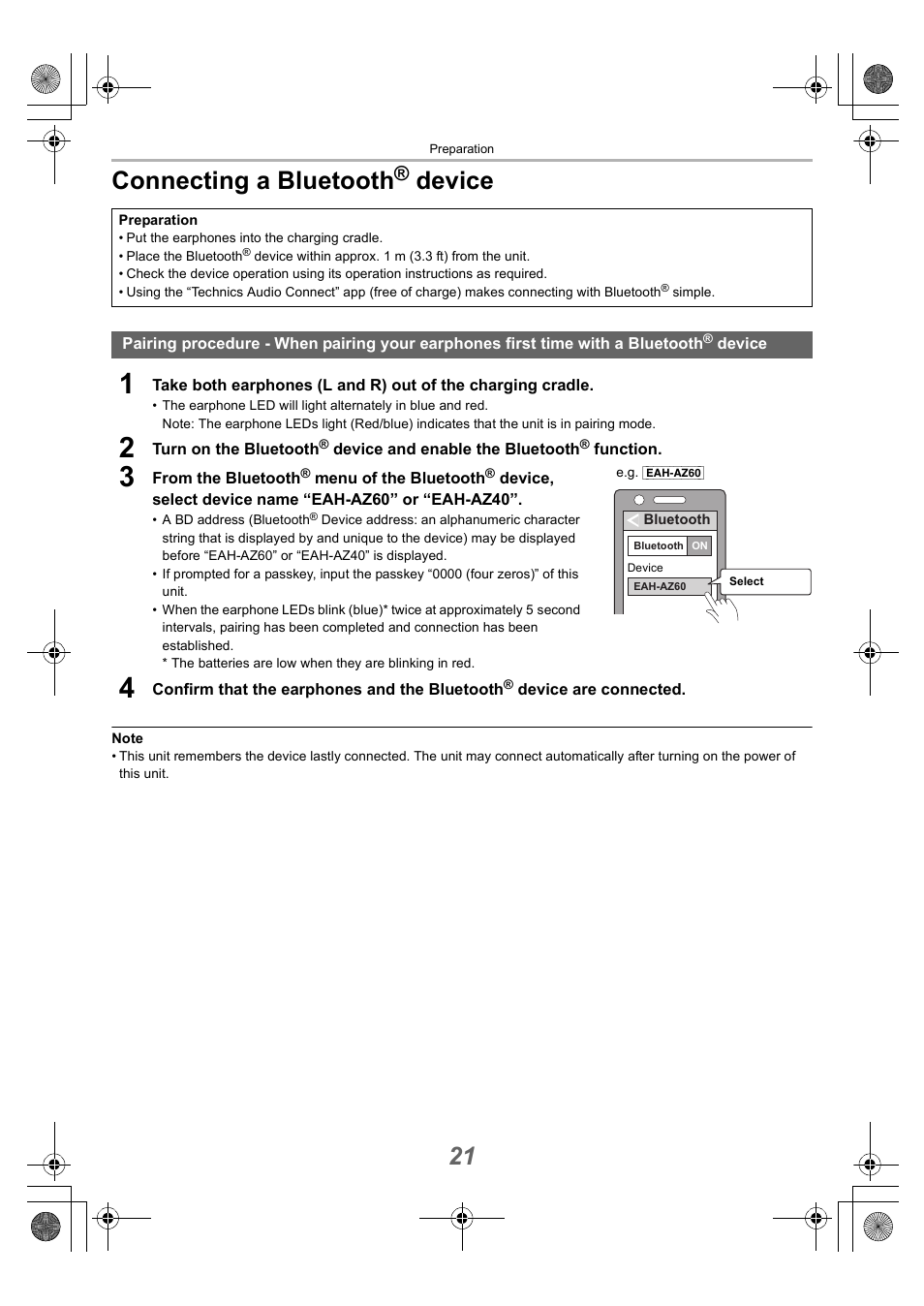 Connecting a bluetooth® device, Connecting a bluetooth, Device | 21 connecting a bluetooth | Technics EAH-AZ40 True Wireless In-Ear Headphones (Rose Gold) User Manual | Page 21 / 42