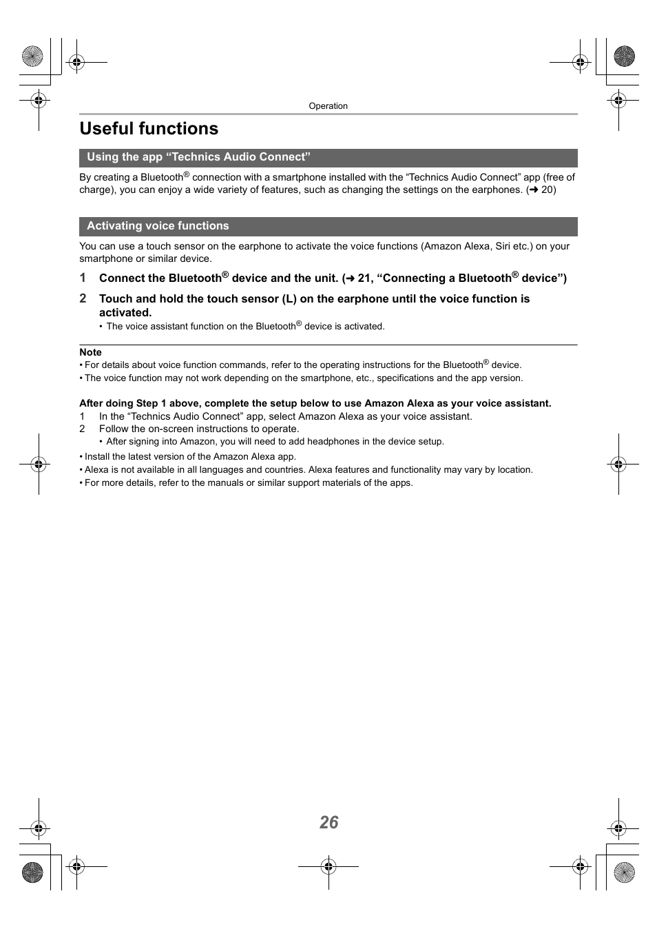 Useful functions, Using the app “technics audio connect, Activating voice functions | 26, “activating voice functions”), 26 useful functions | Technics EAH-AZ40 True Wireless In-Ear Headphones (Rose Gold) User Manual | Page 26 / 42