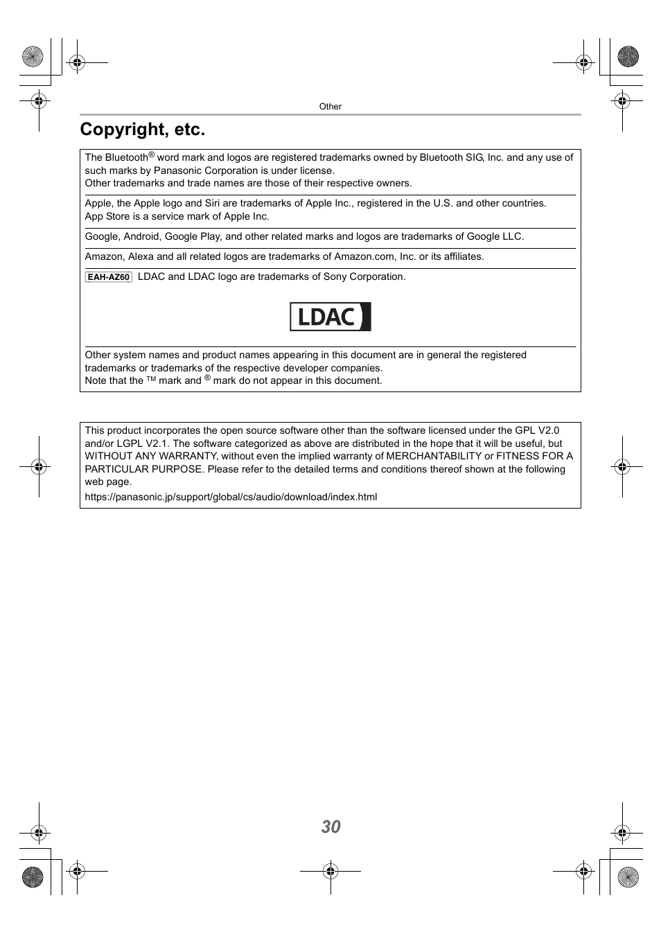 Copyright, etc, 30 copyright, etc | Technics EAH-AZ40 True Wireless In-Ear Headphones (Rose Gold) User Manual | Page 30 / 42