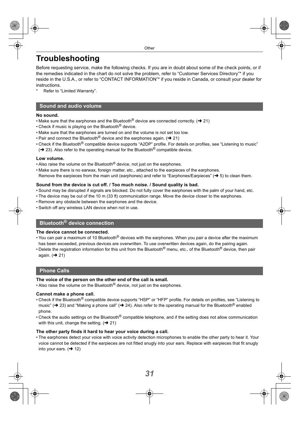 Troubleshooting, Sound and audio volume, Bluetooth® device connection | Phone calls, Bluetooth, Device connection, 31 troubleshooting, Sound and audio volume bluetooth, Device connection phone calls | Technics EAH-AZ40 True Wireless In-Ear Headphones (Rose Gold) User Manual | Page 31 / 42