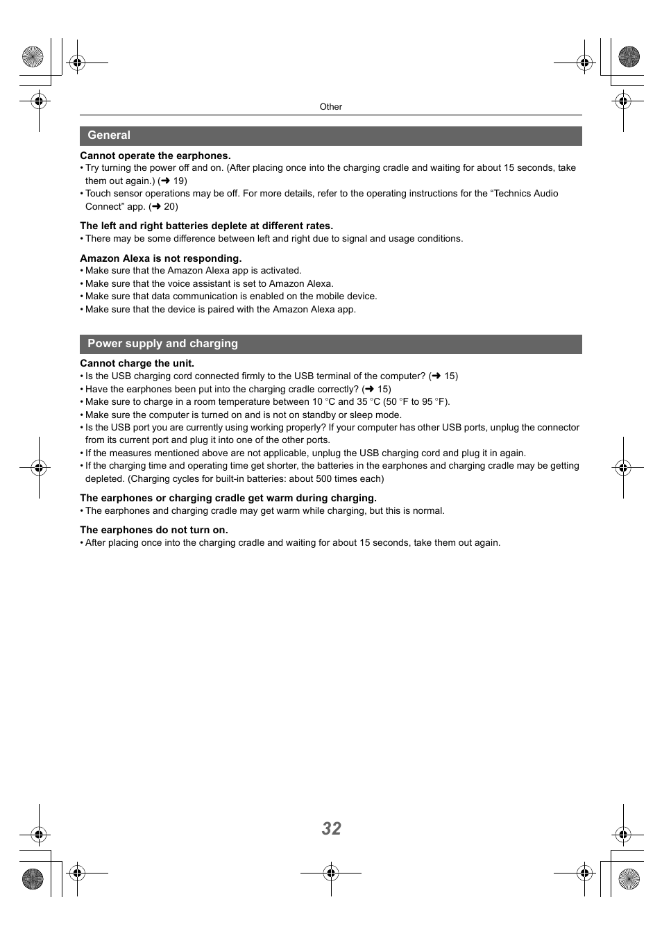 General, Power supply and charging | Technics EAH-AZ40 True Wireless In-Ear Headphones (Rose Gold) User Manual | Page 32 / 42