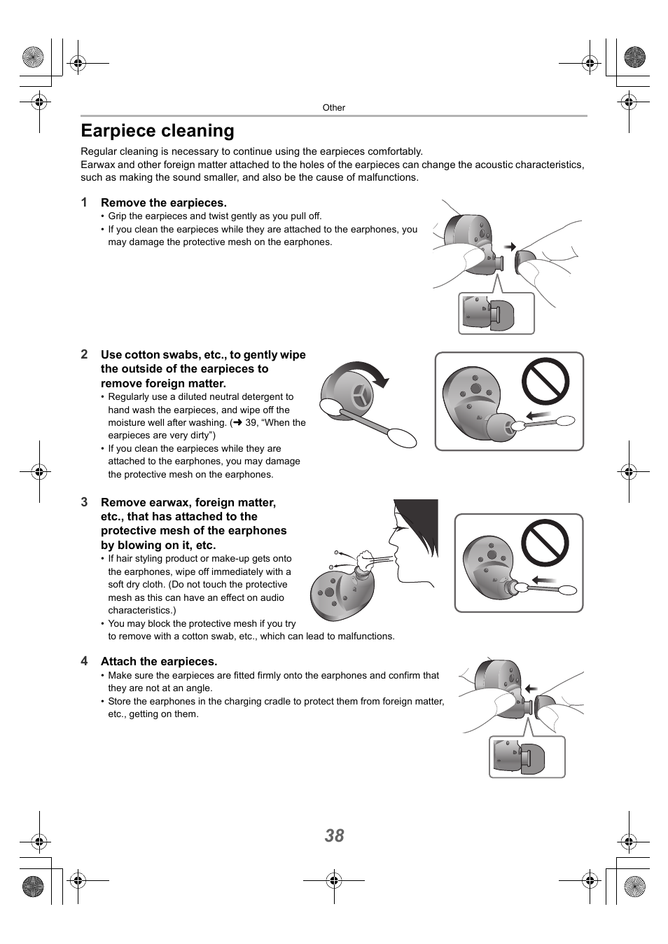 Earpiece cleaning, 38 earpiece cleaning | Technics EAH-AZ40 True Wireless In-Ear Headphones (Rose Gold) User Manual | Page 38 / 42