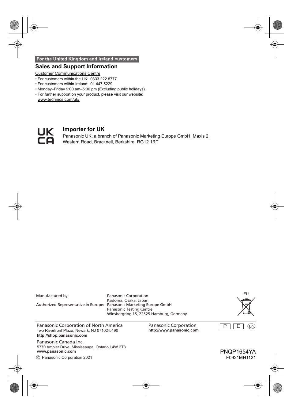 Sales and support information, Importer for uk, Pnqp1654ya | Technics EAH-AZ40 True Wireless In-Ear Headphones (Rose Gold) User Manual | Page 42 / 42