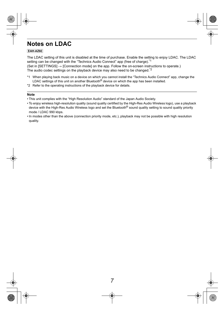 Notes on ldac | Technics EAH-AZ40 True Wireless In-Ear Headphones (Rose Gold) User Manual | Page 7 / 42