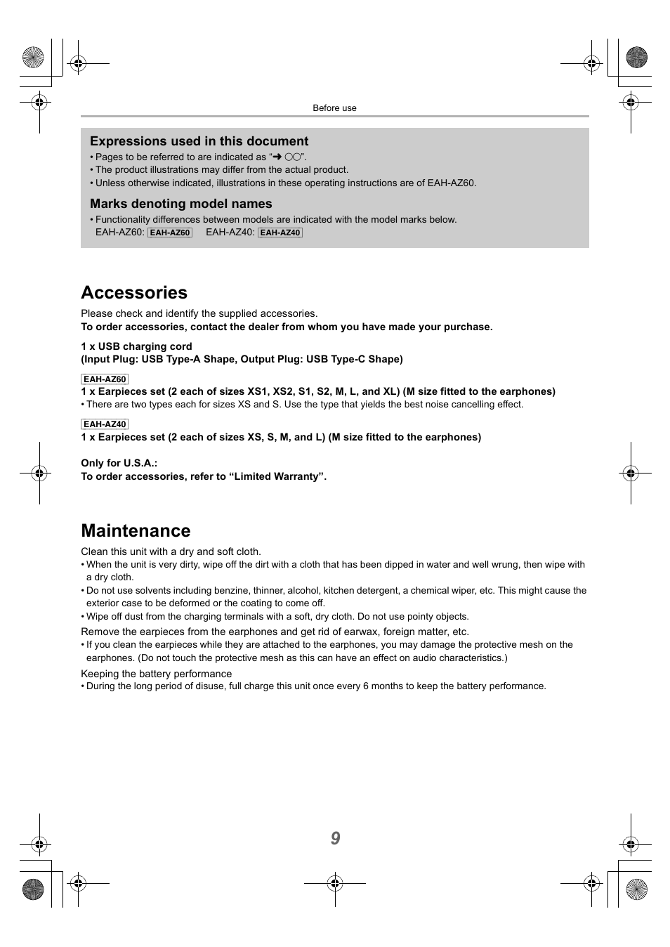 Before use, Accessories, Maintenance | Accessories maintenance, 9accessories, Expressions used in this document, Marks denoting model names | Technics EAH-AZ40 True Wireless In-Ear Headphones (Rose Gold) User Manual | Page 9 / 42
