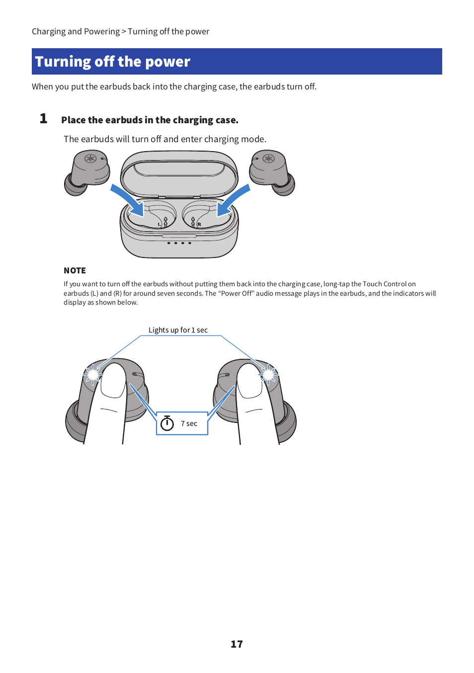 Turning off the power | Yamaha TW-E3C True Wireless Earbuds (Red) User Manual | Page 17 / 62