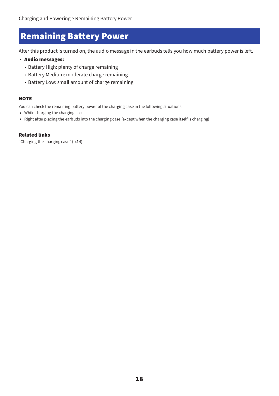 Remaining battery power, Audio messages, Battery high: plenty of charge remaining | Battery medium: moderate charge remaining, Related links, Charging and powering > remaining battery power | Yamaha TW-E3C True Wireless Earbuds (Red) User Manual | Page 18 / 62