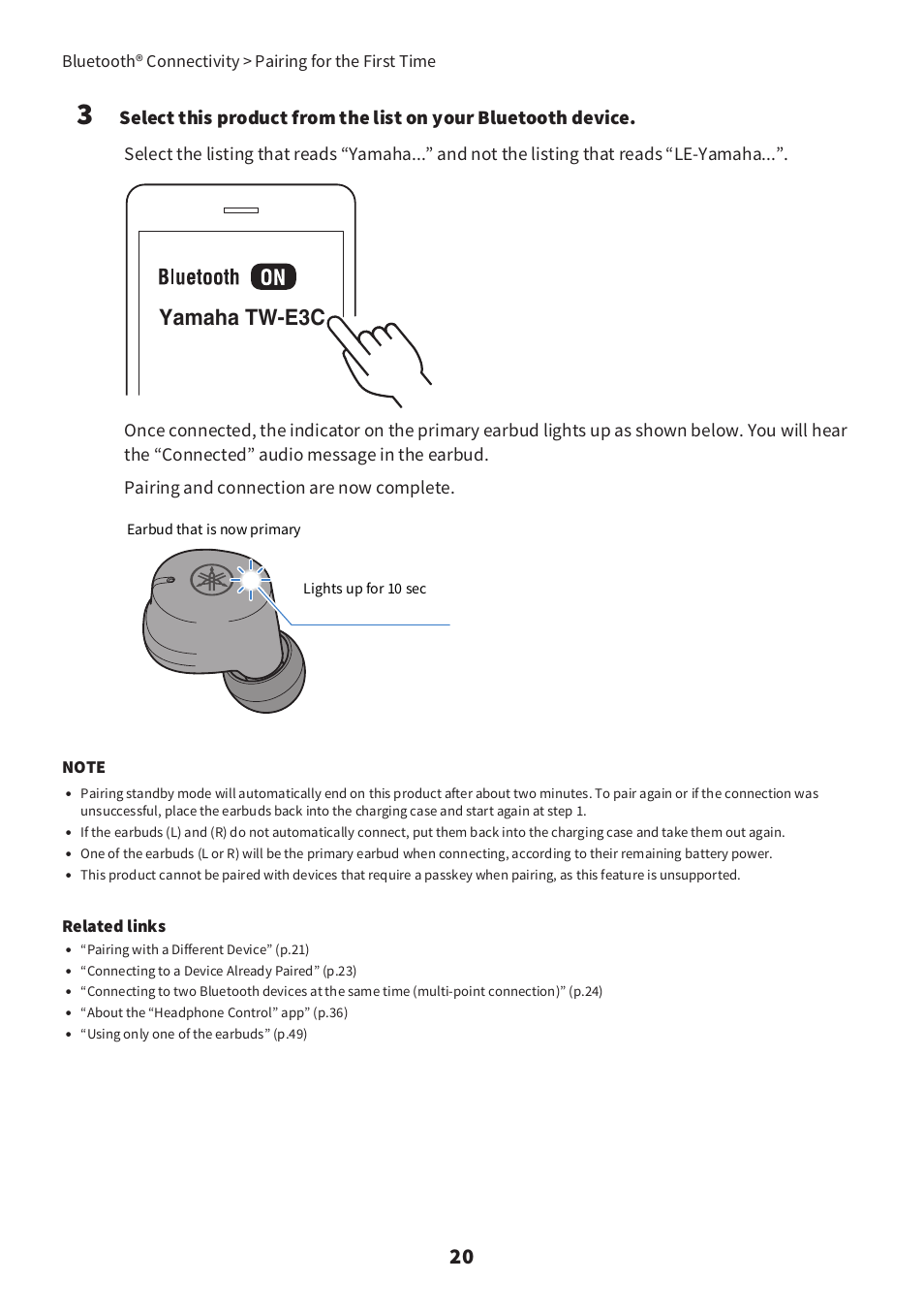 Yamaha tw-e3c, Related links | Yamaha TW-E3C True Wireless Earbuds (Red) User Manual | Page 20 / 62