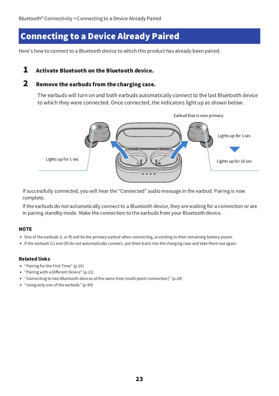 Connecting to a device already paired, Connecting to a device already paired” (p.23), Activate bluetooth on the bluetooth device | Remove the earbuds from the charging case | Yamaha TW-E3C True Wireless Earbuds (Red) User Manual | Page 23 / 62