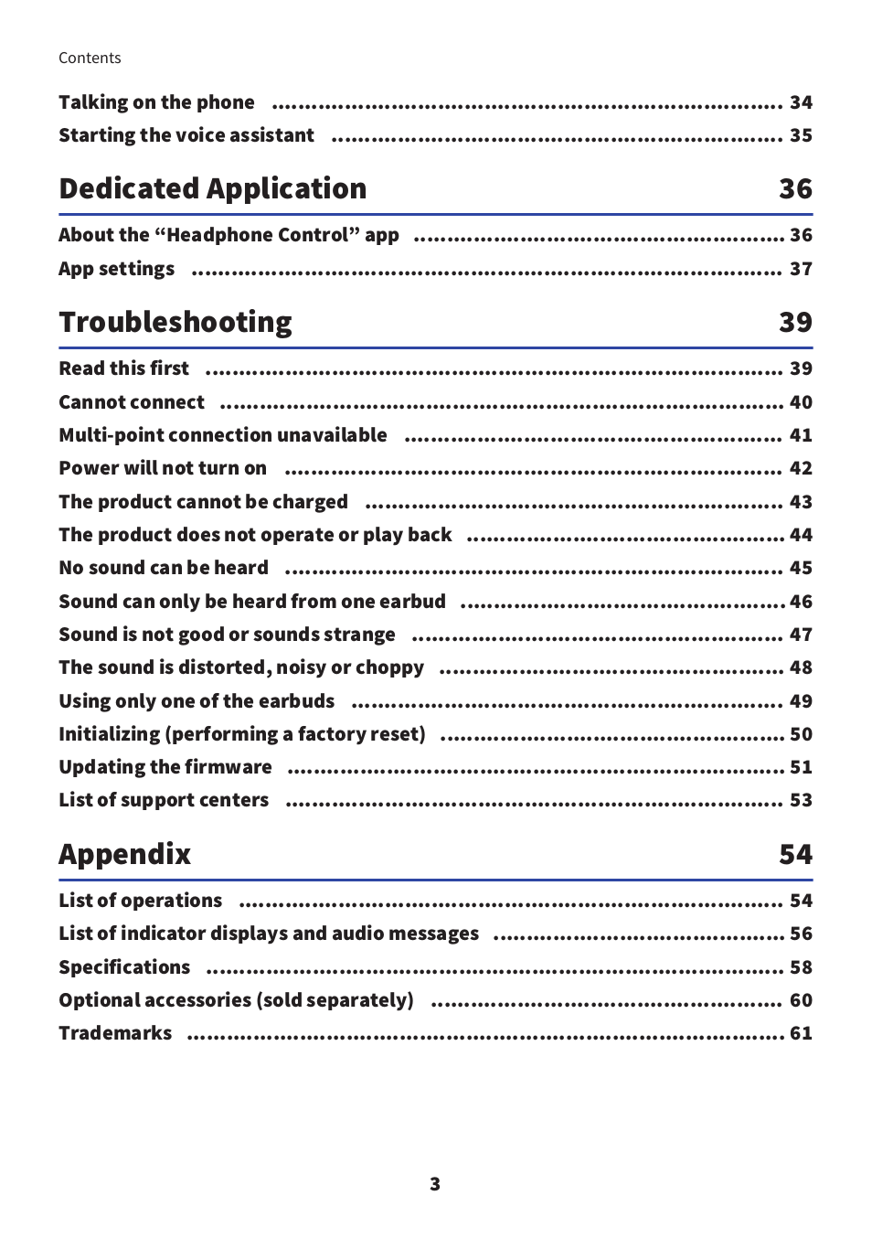 Dedicated application 36, Troubleshooting 39, Appendix 54 | Yamaha TW-E3C True Wireless Earbuds (Red) User Manual | Page 3 / 62