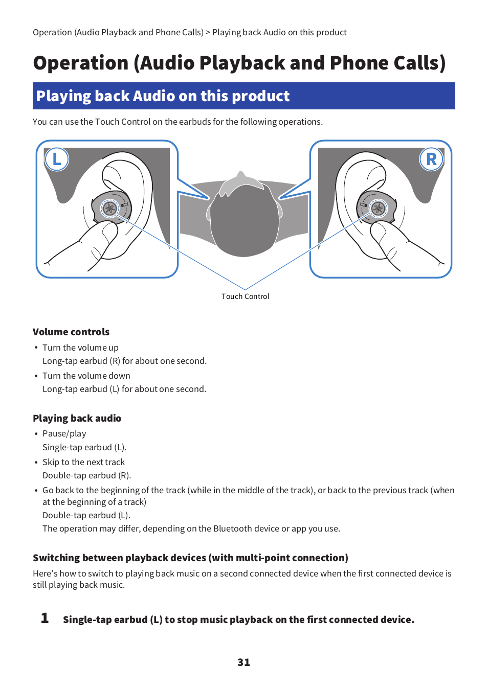 Operation (audio playback and phone calls), Playing back audio on this product, Playing back audio on this product” (p.31) | Yamaha TW-E3C True Wireless Earbuds (Red) User Manual | Page 31 / 62