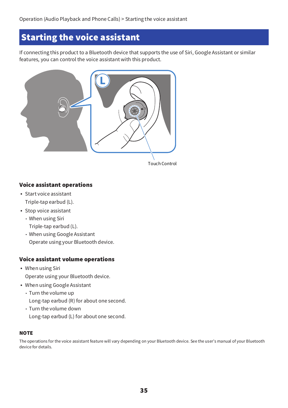 Starting the voice assistant, Starting the voice assistant” (p.35), Voice assistant operations | Voice assistant volume operations, Start voice assistant triple-tap earbud (l), Stop voice assistant, When using siri triple-tap earbud (l), When using google assistant | Yamaha TW-E3C True Wireless Earbuds (Red) User Manual | Page 35 / 62