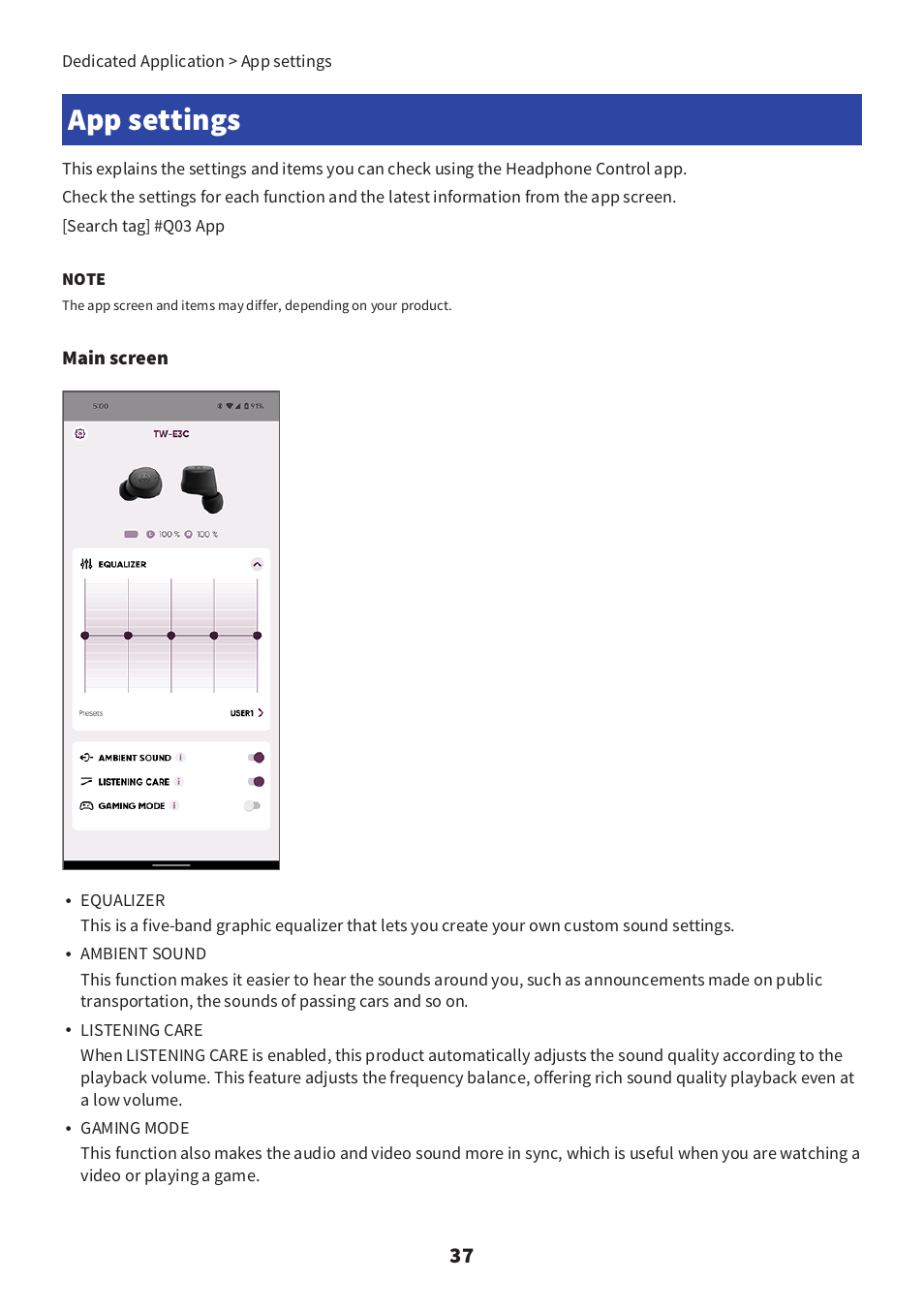 App settings, App settings” (p.37), Main screen | Yamaha TW-E3C True Wireless Earbuds (Red) User Manual | Page 37 / 62