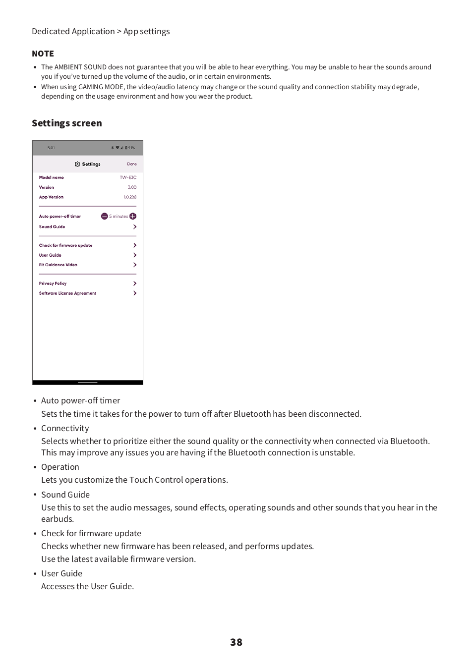 Settings screen, User guide accesses the user guide, Dedicated application > app settings | Yamaha TW-E3C True Wireless Earbuds (Red) User Manual | Page 38 / 62