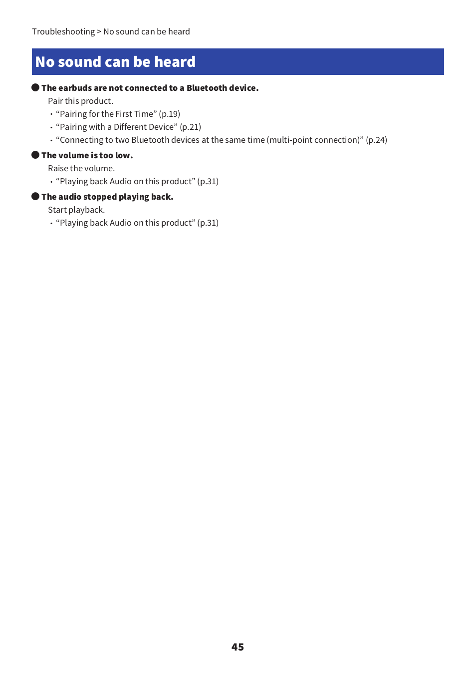 No sound can be heard, No sound can be heard” (p.45) | Yamaha TW-E3C True Wireless Earbuds (Red) User Manual | Page 45 / 62