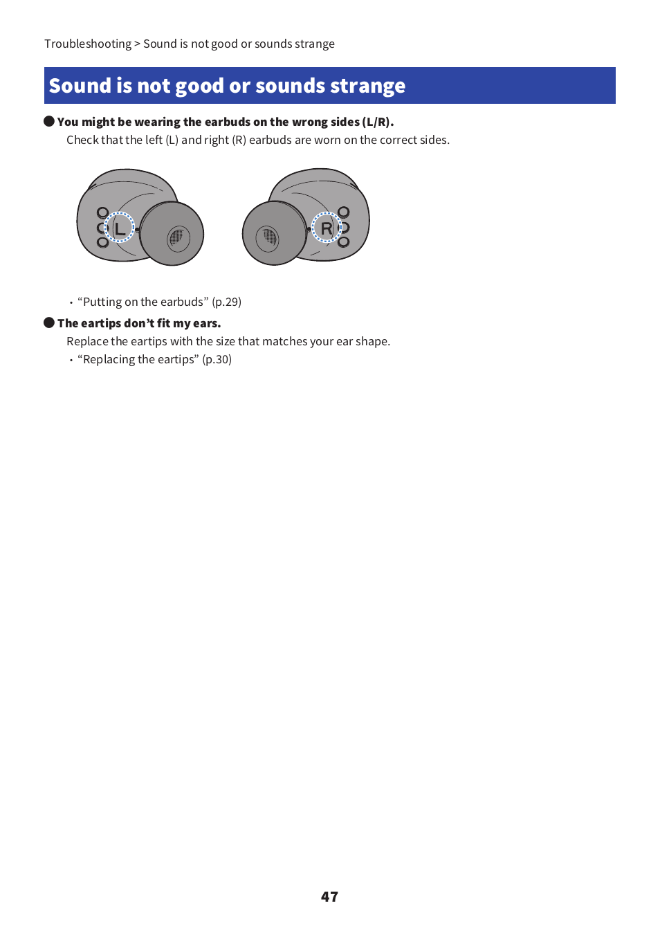 Sound is not good or sounds strange, Sound is not good or sounds strange” (p.47) | Yamaha TW-E3C True Wireless Earbuds (Red) User Manual | Page 47 / 62