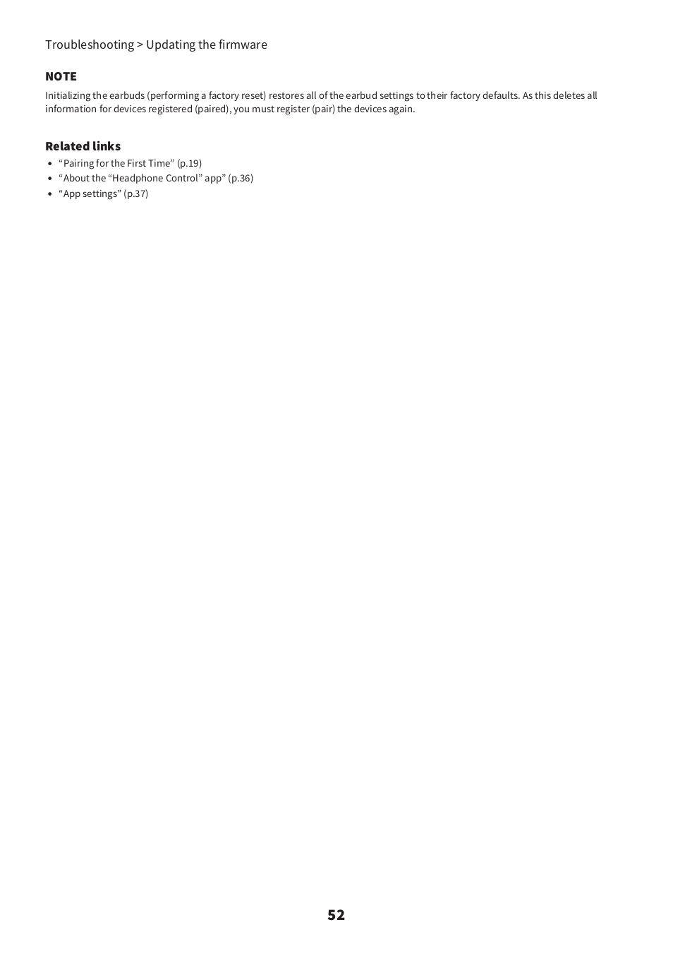 Related links, Troubleshooting > updating the firmware | Yamaha TW-E3C True Wireless Earbuds (Red) User Manual | Page 52 / 62