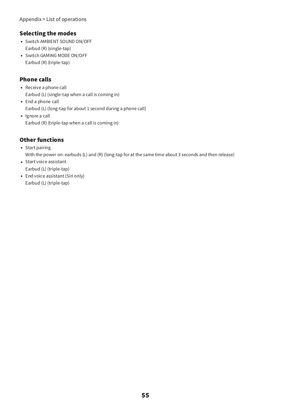 Selecting the modes, Phone calls, Other functions | Appendix > list of operations | Yamaha TW-E3C True Wireless Earbuds (Red) User Manual | Page 55 / 62