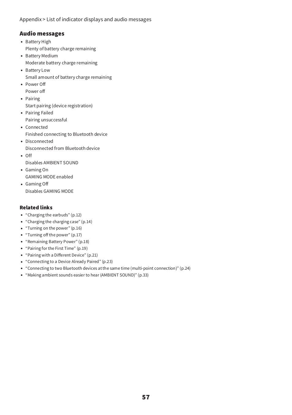 Audio messages, Related links, Battery high plenty of battery charge remaining | Battery medium moderate battery charge remaining, Power off power off, Pairing start pairing (device registration), Pairing failed pairing unsuccessful, Connected finished connecting to bluetooth device, Disconnected disconnected from bluetooth device, Off disables ambient sound | Yamaha TW-E3C True Wireless Earbuds (Red) User Manual | Page 57 / 62