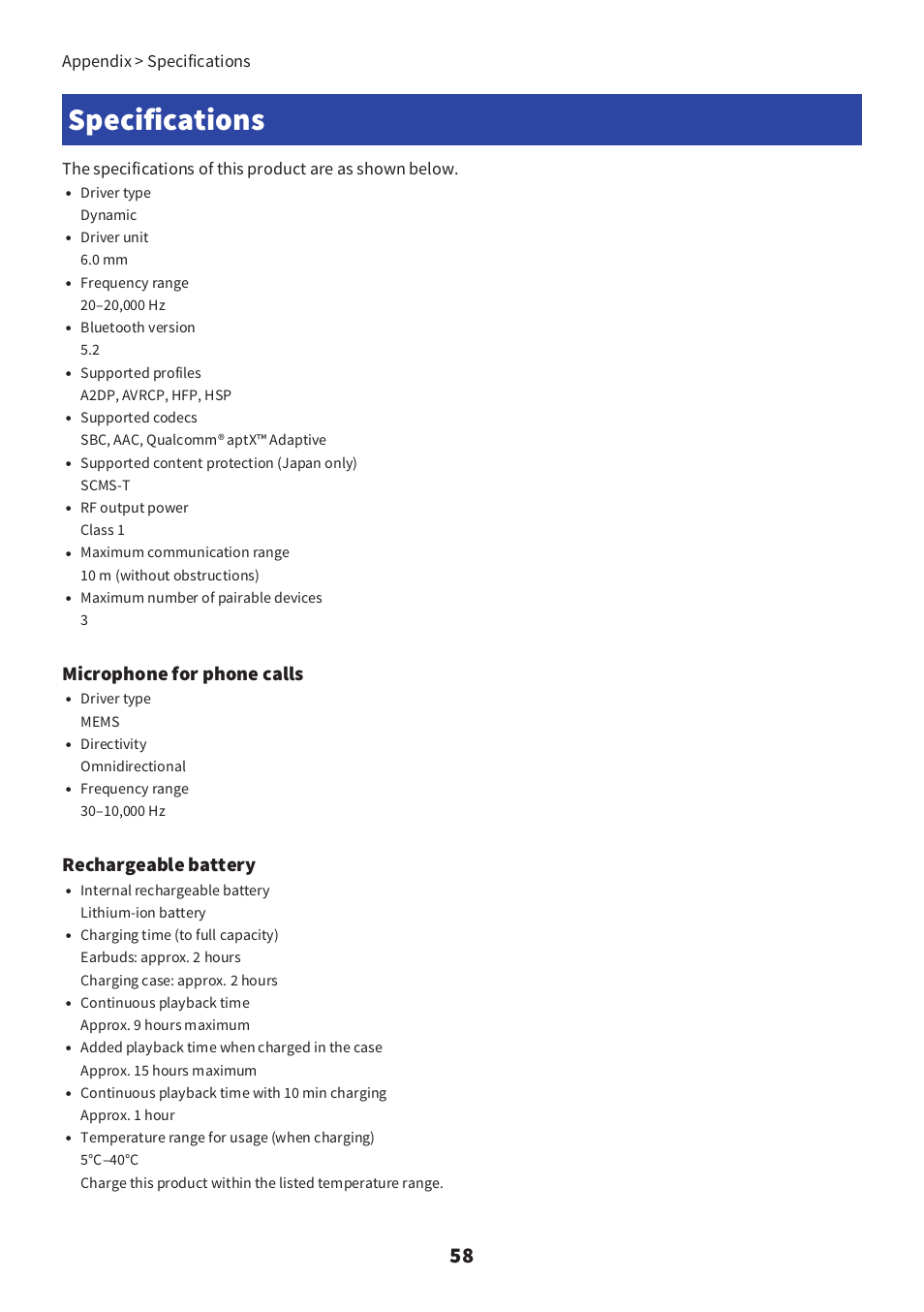 Specifications, Microphone for phone calls, Rechargeable battery | Appendix > specifications | Yamaha TW-E3C True Wireless Earbuds (Red) User Manual | Page 58 / 62