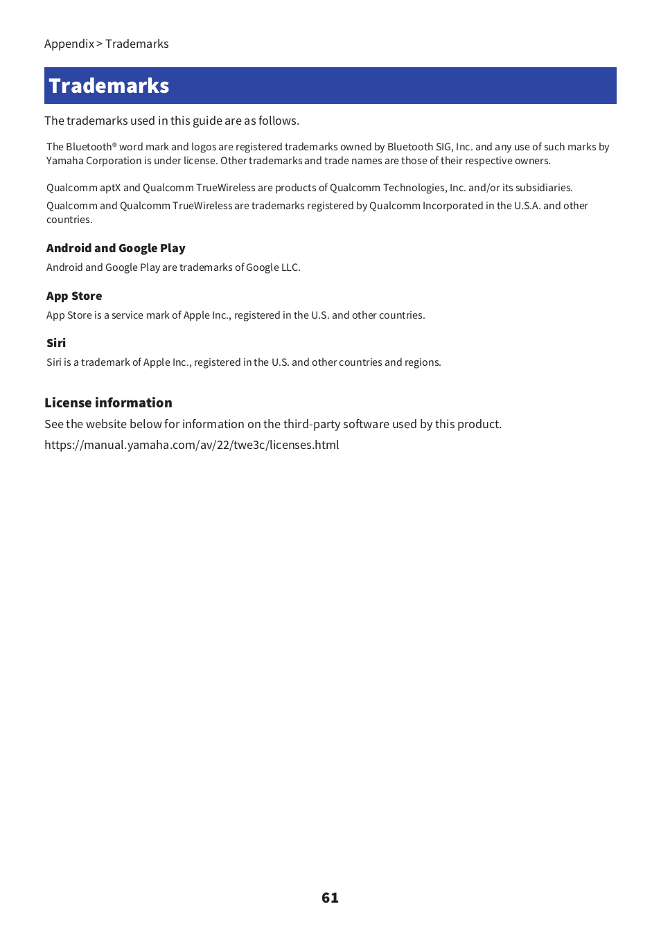 Trademarks | Yamaha TW-E3C True Wireless Earbuds (Red) User Manual | Page 61 / 62