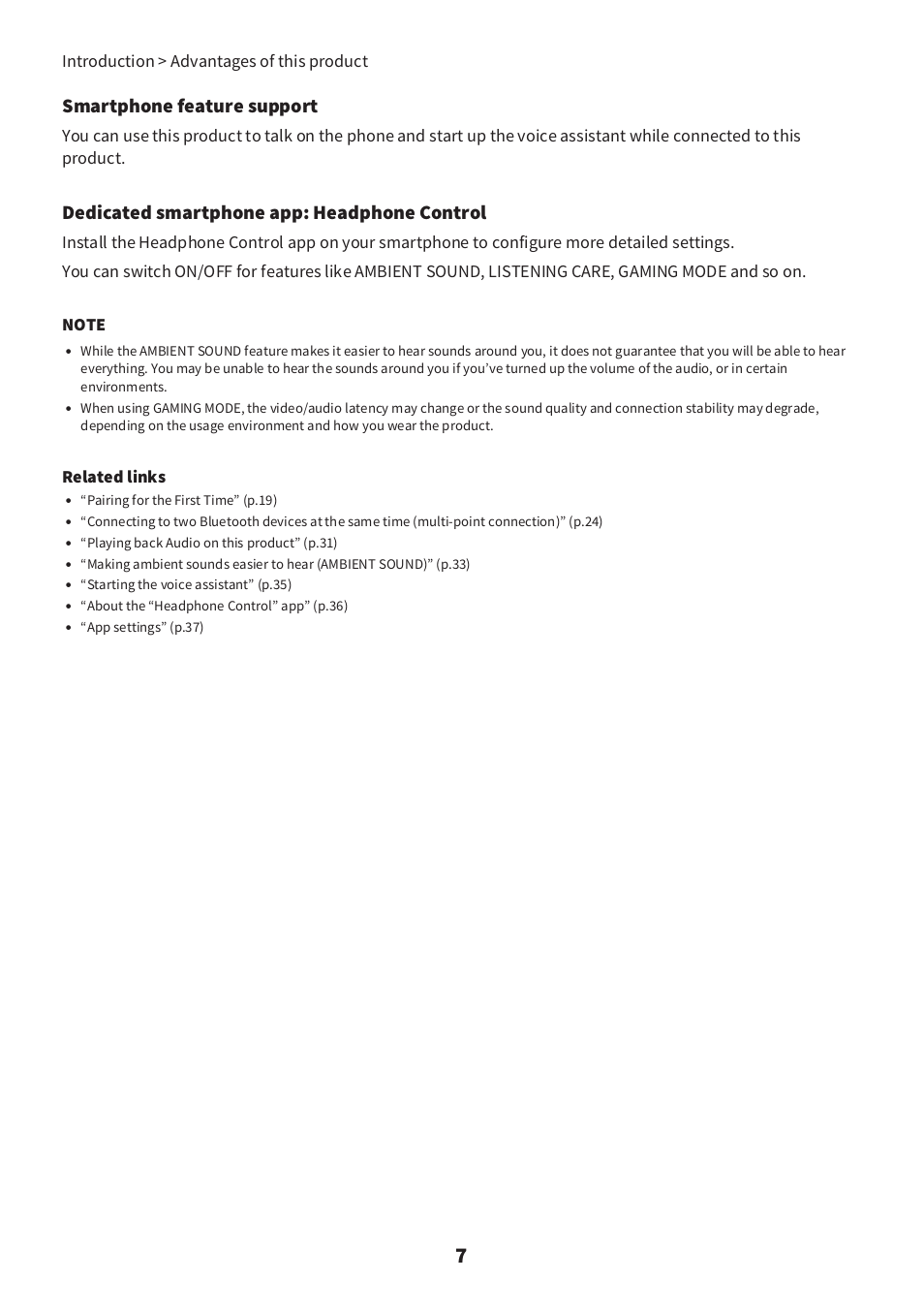 Smartphone feature support, Dedicated smartphone app: headphone control, Related links | Introduction > advantages of this product | Yamaha TW-E3C True Wireless Earbuds (Red) User Manual | Page 7 / 62