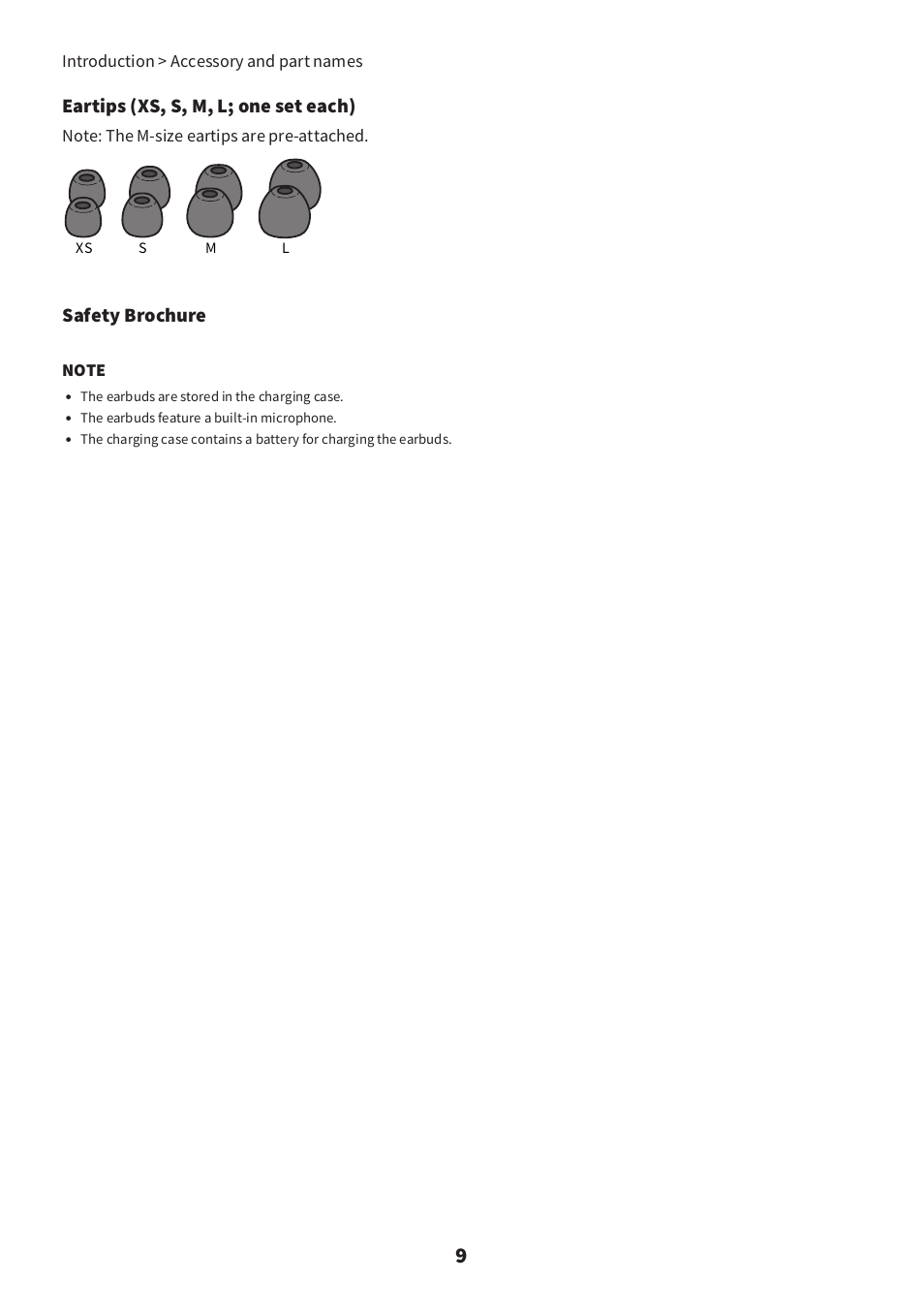 Eartips (xs, s, m, l; one set each), Safety brochure | Yamaha TW-E3C True Wireless Earbuds (Red) User Manual | Page 9 / 62