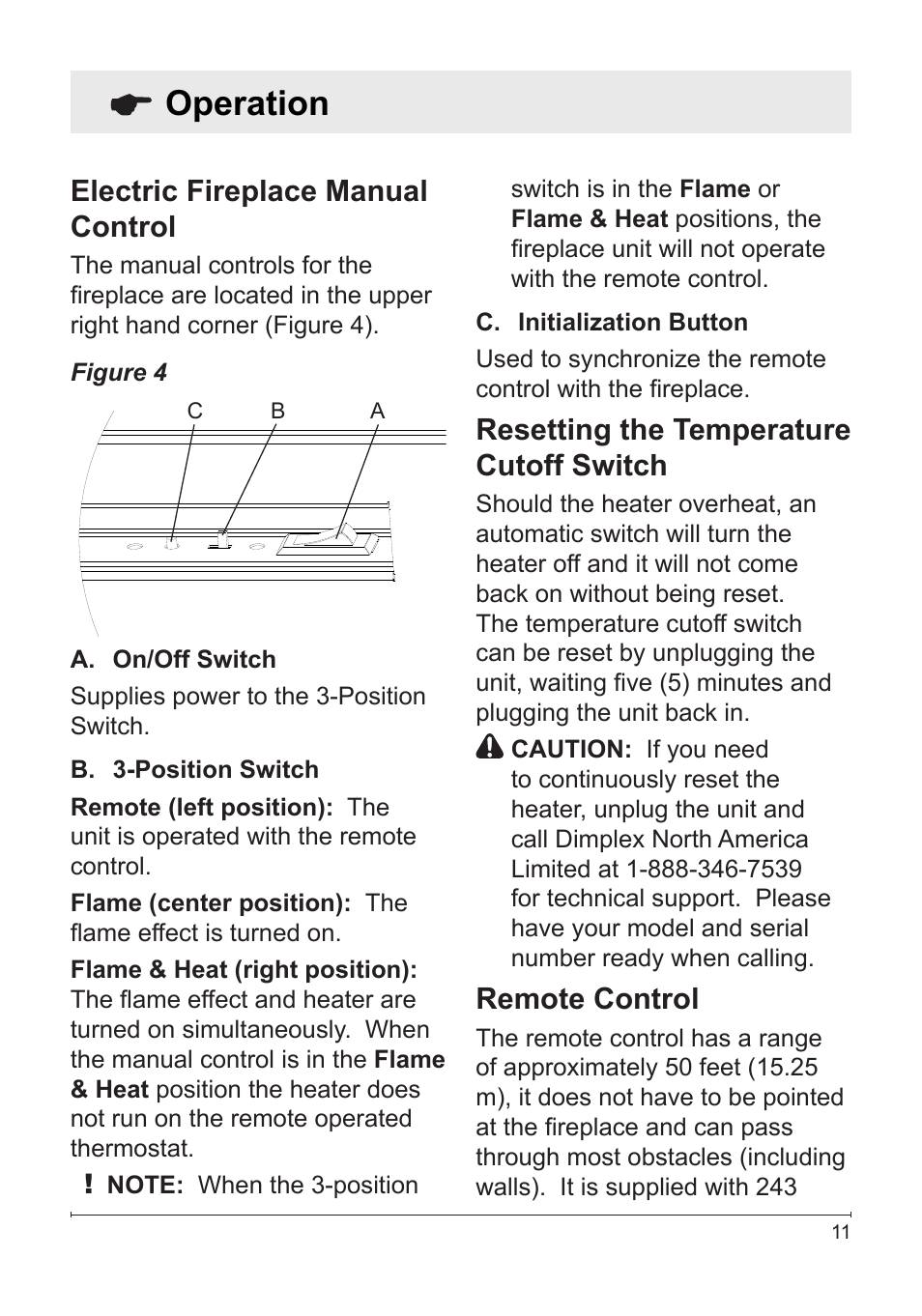 Operation, Electric fireplace manual control, Resetting the temperature cutoff switch | Remote control | Dimplex DF3033ST User Manual | Page 11 / 22