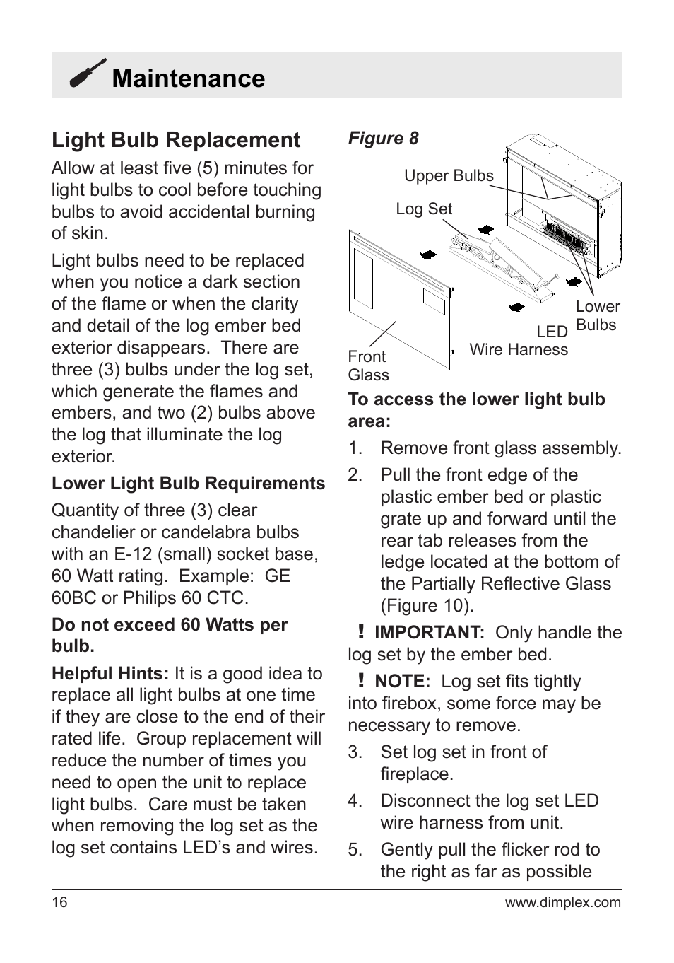 Maintenance, Light bulb replacement | Dimplex DF3033ST User Manual | Page 16 / 22