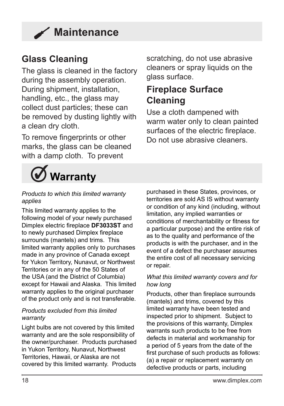 Warranty, Maintenance, Glass cleaning | Fireplace surface cleaning | Dimplex DF3033ST User Manual | Page 18 / 22