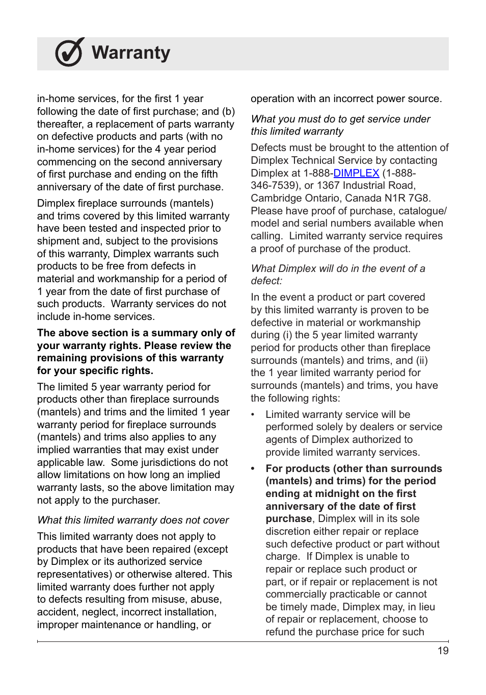 Warranty | Dimplex DF3033ST User Manual | Page 19 / 22