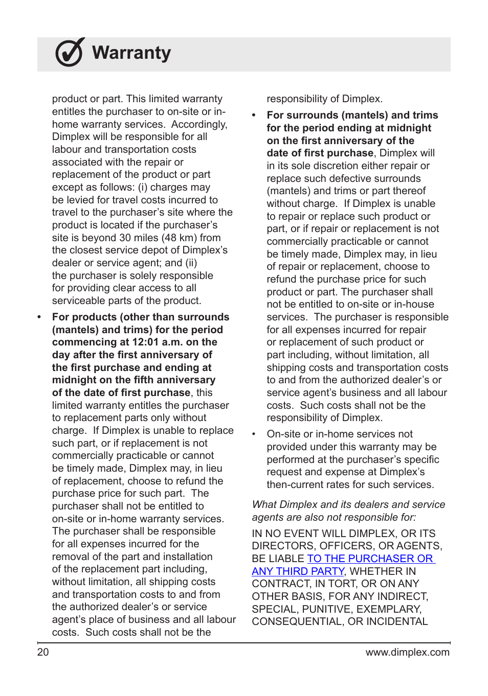 Warranty | Dimplex DF3033ST User Manual | Page 20 / 22