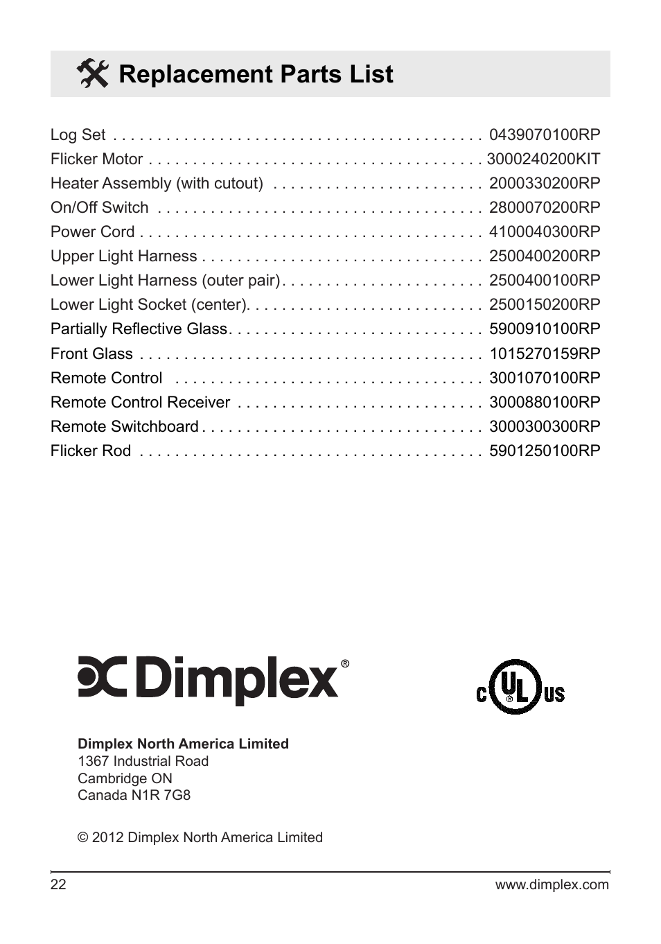Replacement parts list | Dimplex DF3033ST User Manual | Page 22 / 22