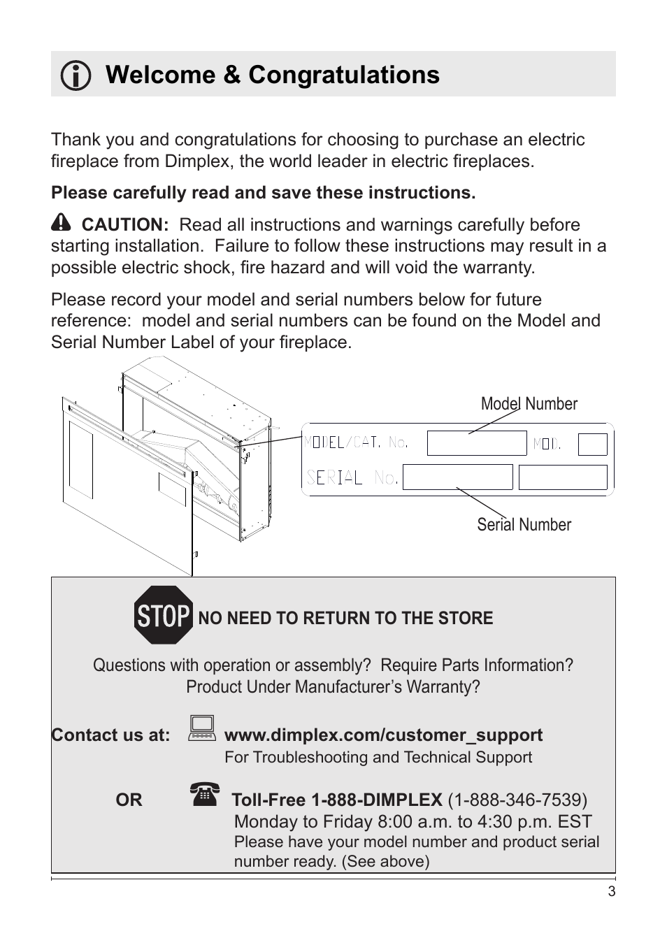 Welcome & congratulations | Dimplex DF3033ST User Manual | Page 3 / 22