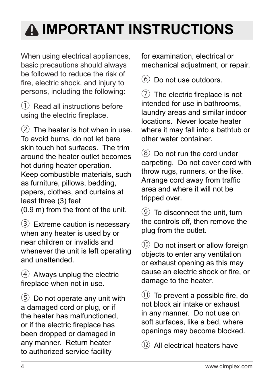 Important instructions | Dimplex DF3033ST User Manual | Page 4 / 22