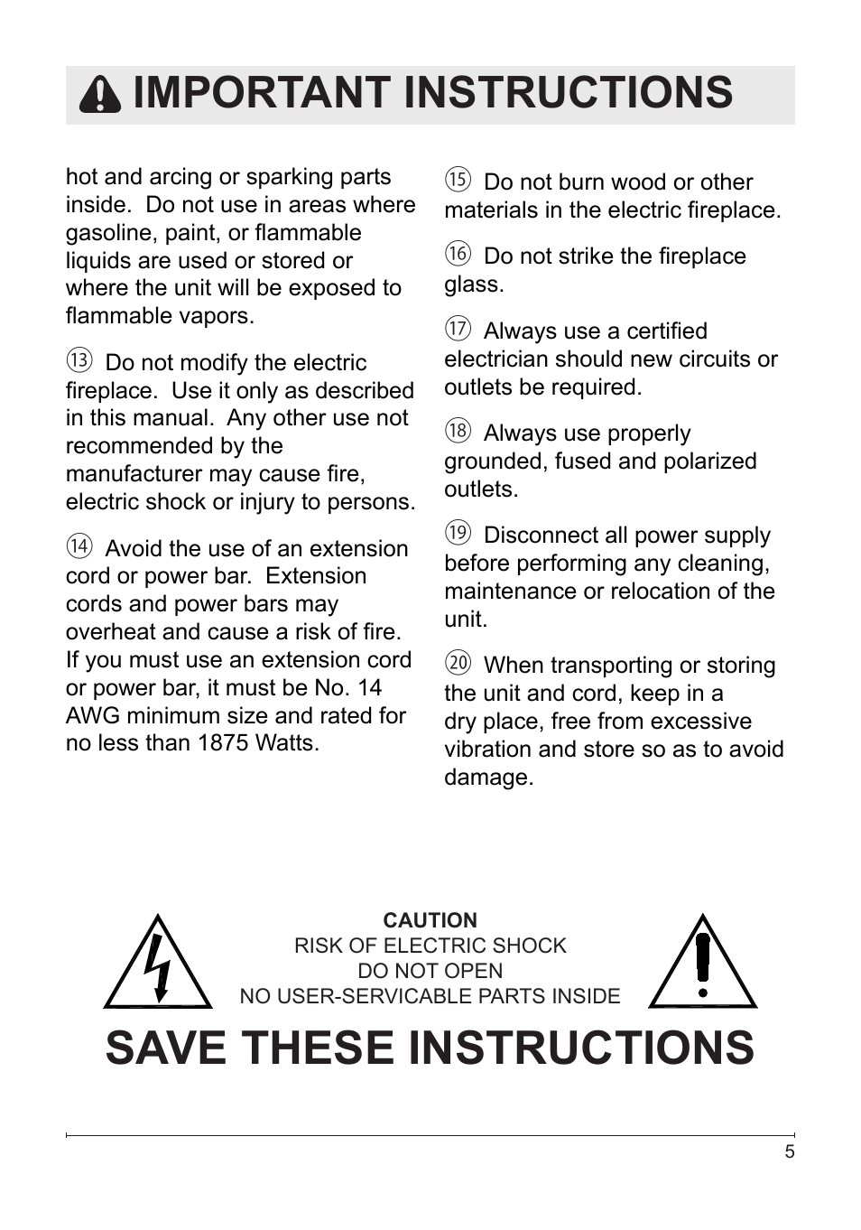 Save these instructions, Important instructions | Dimplex DF3033ST User Manual | Page 5 / 22